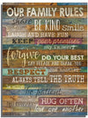 Family Rules wooden wall art, 12x18 inches, waterproof print, sturdy packaging.